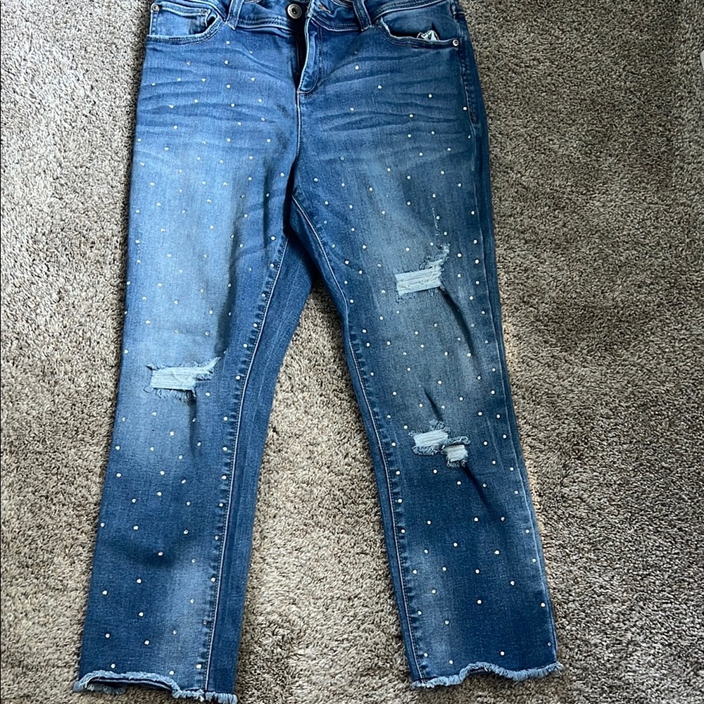 Women's Blue Distressed Jeans with Studded Details